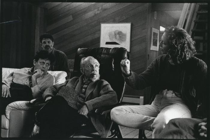 Julia Wolfe (r to l), talking to Conlon Nancarrow and Philip Glass in Woodside, CA (1993)