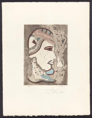 Elsie, a somewhat abstract portrait etching depicting the head only, by Dane Rudhyar