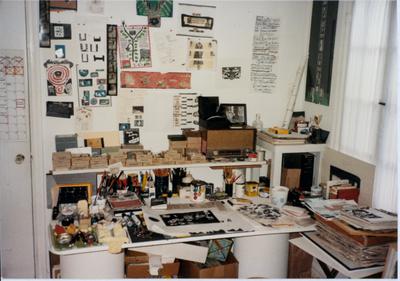 A desk in the home studio of John White, Los Angeles, 1983