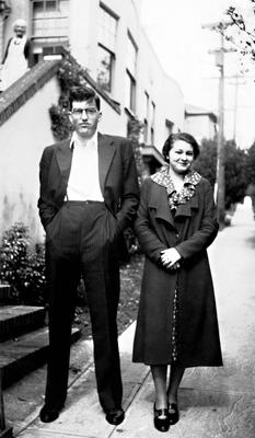 James Cleghorn with his mother and wife, full length portrait, facing forward, San Francisco, 1937 (cropped image)