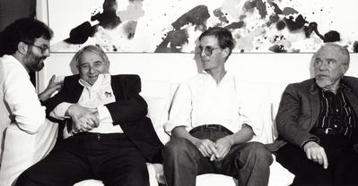Charles Amirkhanian, with Nicolas Slonimsky, Peter Garland, and Conlon Nancarrow, seated, Los Angeles, 1985