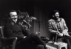 Keith Jarrett (left) and Charles Amirkhanian, seated, at the San Francisco Exploratorium, 1986