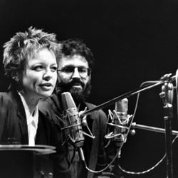 Laurie Anderson talks as Charles Amirkhanian listens during an appearance at the Palace of Fine Arts Theater, San Francisco, Dec. 6, 1984