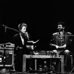 Laurie Anderson and Charles Amirkhanian during an appearance at the Palace of Fine Arts Theater, San Francisco, Dec. 6, 1984